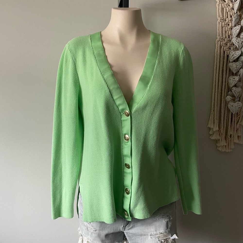 Talbots Pistachio Green Ribbed Knit Button Down Cardigan Sweater Cotton Blend